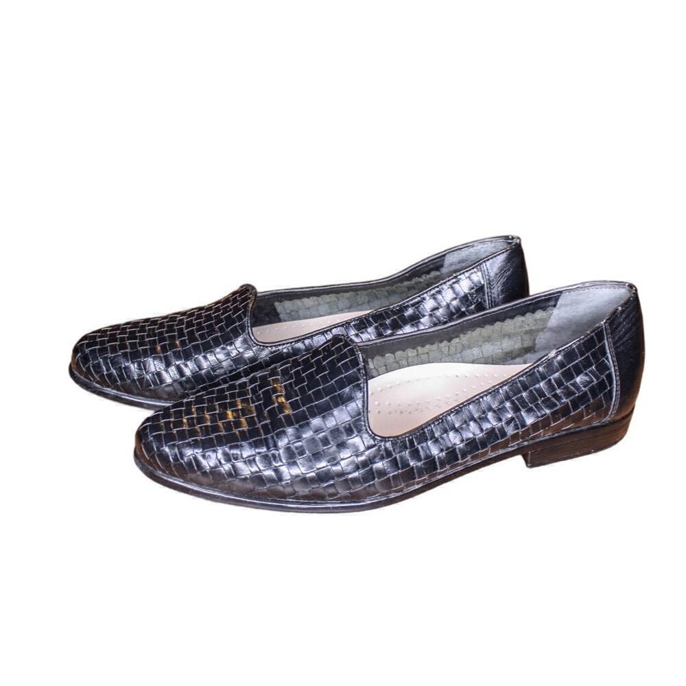 Trotters Loafers Slip On Black Woven Leather Comfort Shoe Size 8.5M